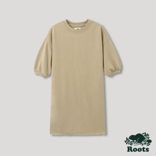 【Roots】Roots女裝-摩登周間系列 泡泡袖落肩洋裝(陶土褐)