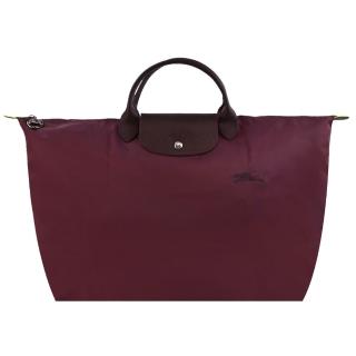 【LONGCHAMP】LE PLIAGE GREEN系列刺繡短把再生尼龍摺疊旅行袋(大/酒紅)