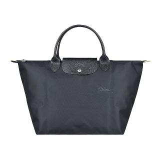 【LONGCHAMP】LONGCHAMP LE PLIAGE GREEN刺繡LOGO再生尼龍摺疊款短把拉鍊手提包(中/黑)