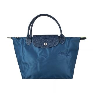 【LONGCHAMP】LONGCHAMP  LE PLIAGE GREEN經典刺繡LOGO再生尼龍短提把拉鍊手提包(小/海洋藍x深藍)