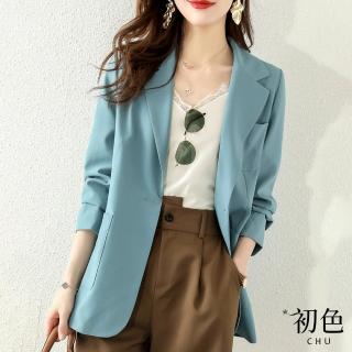 【初色】素色百搭休閒長袖單扣西裝外套-藍色-63590(M-2XL可選)