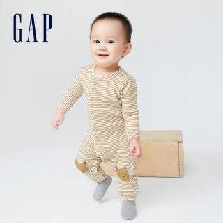 【GAP】嬰兒 布萊納系列 純棉長袖包屁衣/連身衣(455840-棕色條紋)