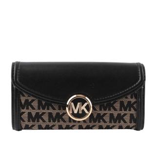 【Michael Kors】圓形金LOGO拚色信封壓釦長夾(黑色/米色)