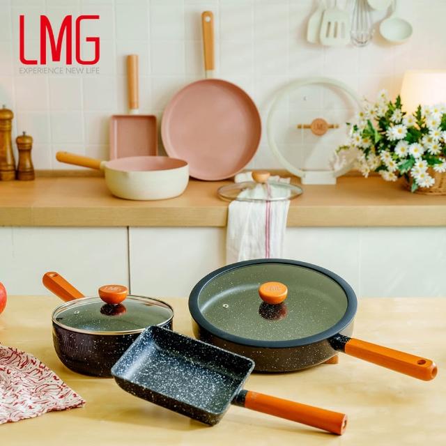 【LMG】雪藏系列不沾鍋三鍋五件組-IH爐可用鍋(平底鍋28cm+雪平鍋20cm+玉子燒鍋+鍋蓋*2)