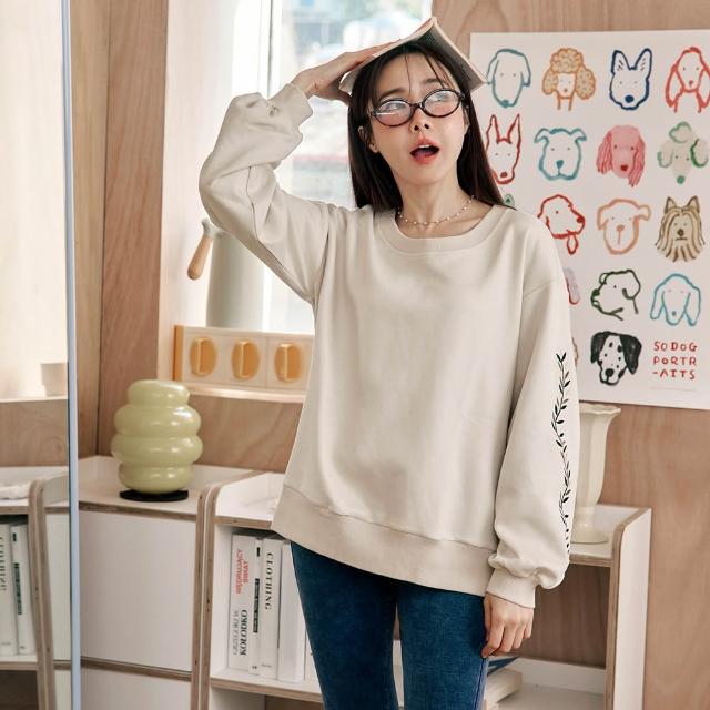 【OB 嚴選】素色麂皮葉子刺繡羅紋長袖上衣 《AB11351》