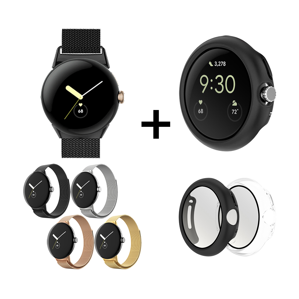 【RedMoon】Google Pixel Watch 米蘭不銹鋼磁吸式錶帶+PC全包覆