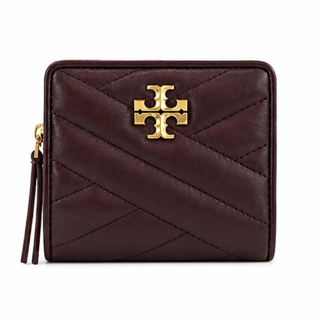 【TORY BURCH】KIRA 金字LOGO羊皮斜紋拉鍊零錢短夾(暗紅)
