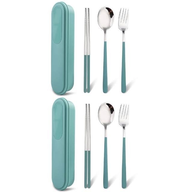 【midou】時尚莫蘭迪304不鏽鋼環保3件式餐具買1送1(304餐具組 外出型304環保餐具 304不鏽鋼湯匙筷子叉子組)