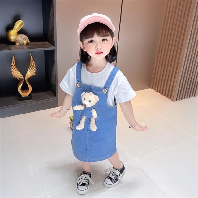 【安朵童舖】現貨韓版兒童女童小熊牛仔吊帶套裝兩件式吊帶套裝女寶短袖吊帶裙(023)