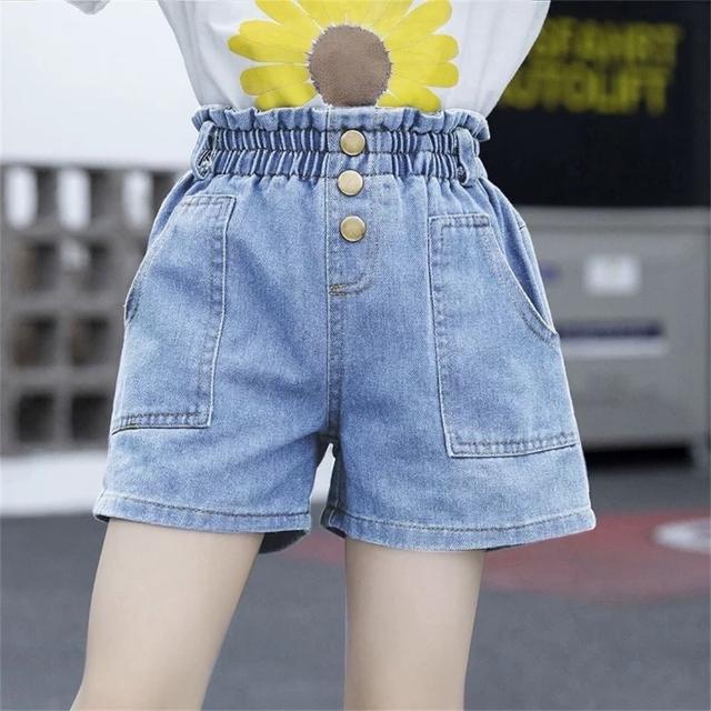 【安朵童舖】現貨韓版兒童牛仔短褲女童彈力褲腰牛仔熱褲女寶休閒短褲