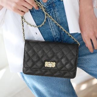 【2R 手工真皮】魚子醬牛皮 WOC 菱格潮流斜背長夾 燦星黑(真皮包包 皮夾 斜背包)