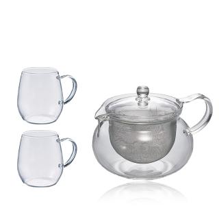 【HARIO】茶茶急須丸形茶壺+圓形馬克玻璃對杯