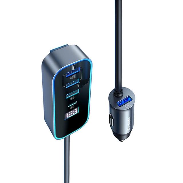 107W 5孔PD快充+QC 車用數顯充電器 車充 車載點菸器 1.5M
