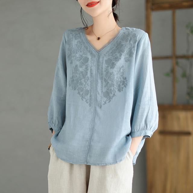 【ACheter】棉麻七分袖V領刺繡薄款棉麻氣質寬鬆短版上衣#117489(4色)