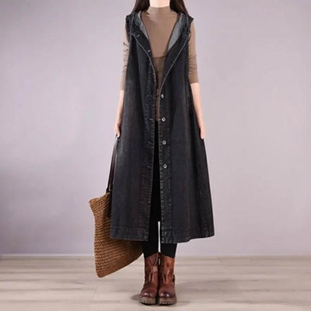 【巴黎精品】極速出貨 牛仔連身裙無袖洋裝大尺碼中長裙連衣裙A字裙休閒女裝(連帽背心裙女裙子2色a1bn41)