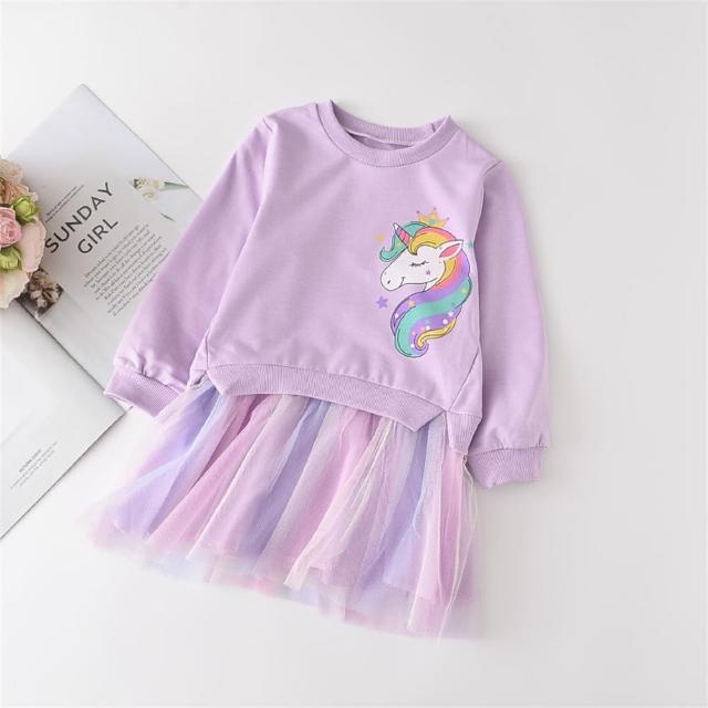 【安朵童舖】現貨韓版兩件式兒童童裝紗裙女童夢幻獨角獸套裝衛衣長袖上衣裙子連衣裙網紗拼接裙子(026)