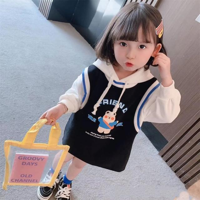【安朵童舖】現貨韓版兒童薄款長袖小熊連帽連身裙女寶長袖拼接連身裙女童連帽長袖連身裙(14)
