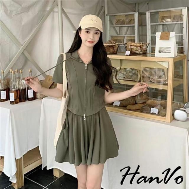 【HanVo】現貨 舒適滑順運動連帽休閒套裝(透氣質感拉鍊寬鬆短袖套裝 日常韓系女裝 女生衣著 A08-5972)