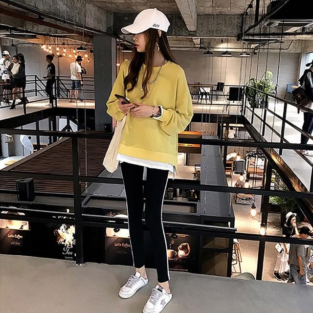 【D.studio】韓版側邊開叉寬鬆長袖上衣(女裝 衣服 寬鬆上衣 顯瘦上衣 冬裝 長袖t恤 素T 素色 大學T W275)
