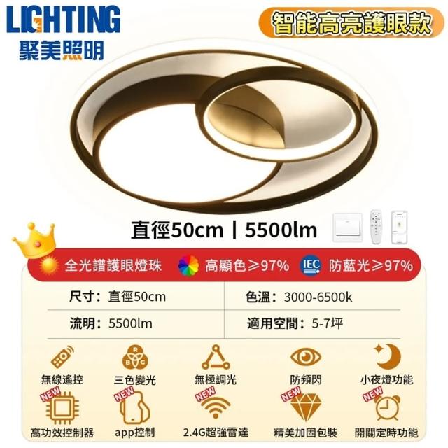 【聚美照明】5500流明3-5坪吸頂燈 全光譜護眼LED(防藍光護眼燈/三色無極調光附遙控/圓形臥室燈)