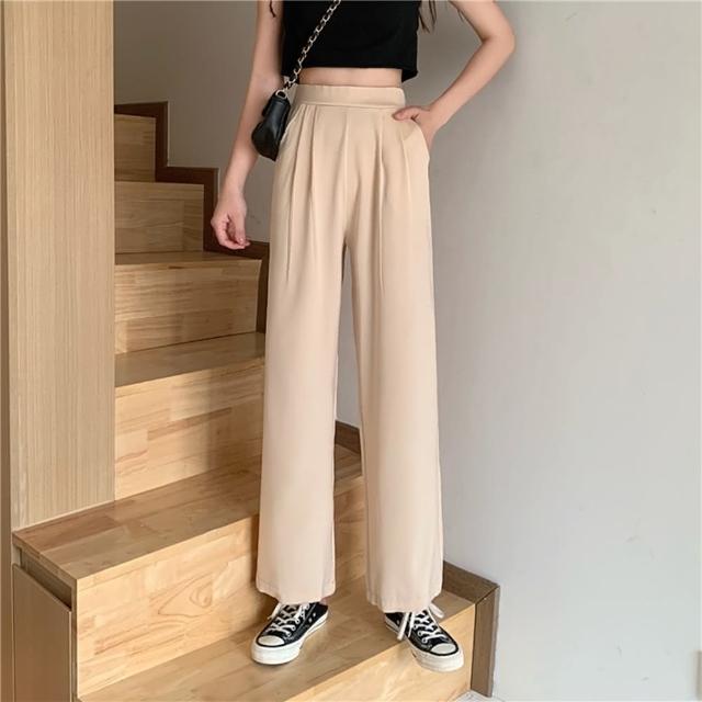 【D.studio】韓版寬鬆垂感高腰直筒西裝褲(寬褲 褲子 長褲 休閒褲 女裝 西裝長褲 P150)