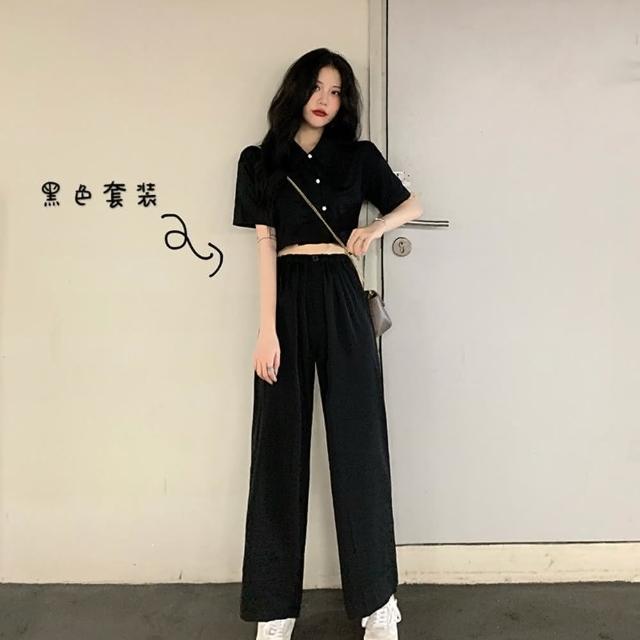 【D.studio】韓版氣質小個子顯瘦短版上衣+寬褲(兩件套裝 短袖上衣 短袖t恤 褲子 長褲 休閒褲 S120)
