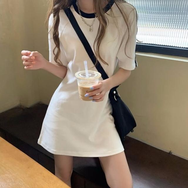 【D.studio】韓版小個子顯瘦休閒中長款連衣裙(洋裝套裝連身裙短袖上衣短袖t恤女裝寬鬆上衣S203)