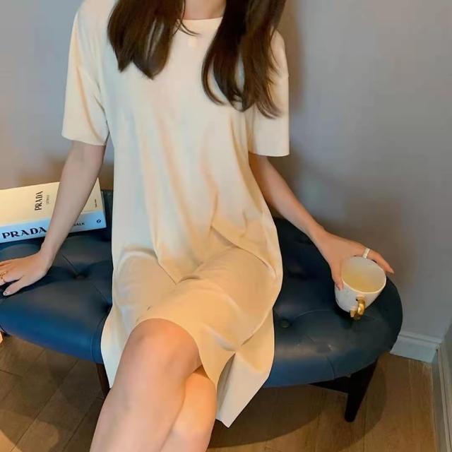【D.studio】韓版薄款冰絲涼感寬鬆垂感連衣裙(睡衣居家服短袖上衣短袖t恤女裝衣服寬鬆上衣素T T575)