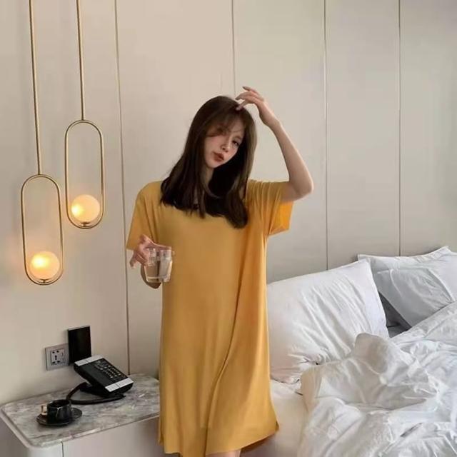 【D.studio】韓版薄款冰絲涼感寬鬆垂感連衣裙(睡衣居家服短袖上衣短袖t恤女裝衣服寬鬆上衣素T T575)
