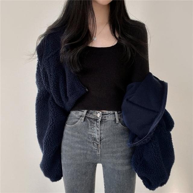 【D.studio】韓版立領寬鬆內刷毛慵懶風毛毛外套(上衣 女裝 衣服 外套 長袖上衣 J242)