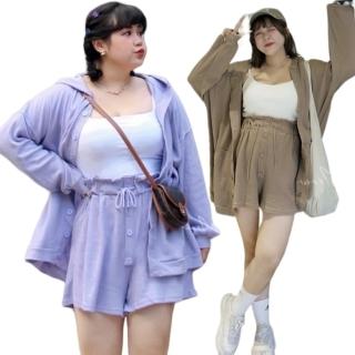 【Want-Meow】100公斤可穿/鬆餅格連帽外套短褲兩件式套裝(大尺碼套裝/中高腰/孕婦/大碼/大尺碼)