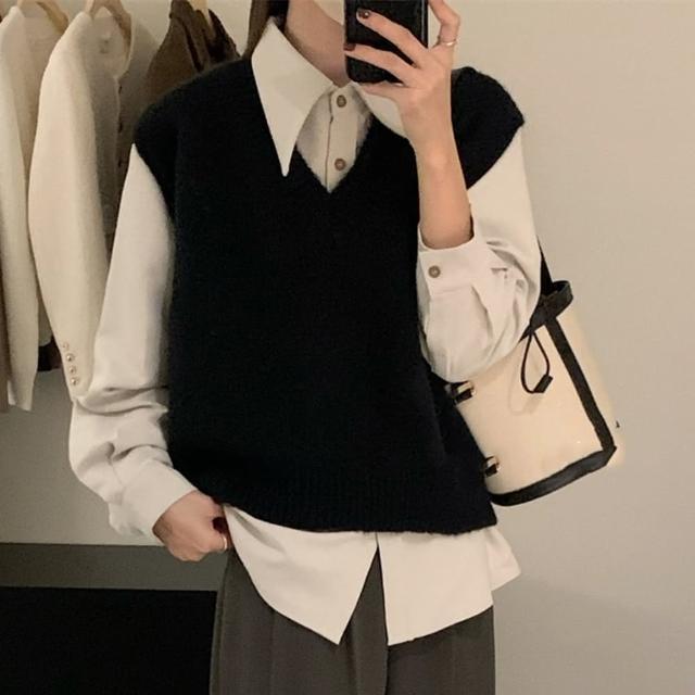 【D.studio】韓版V領簡約溫柔疊穿針織背心(毛衣 女裝 衣服 寬鬆上衣 顯瘦上衣 冬裝 發熱衣 W176)