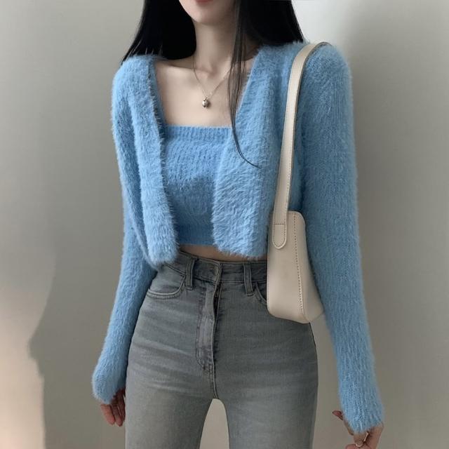 【D.studio】韓版氣質軟糯毛絨絨兩件式毛衣外套+背心(套裝女裝衣服外套長袖小可愛女裝衣服 J234)