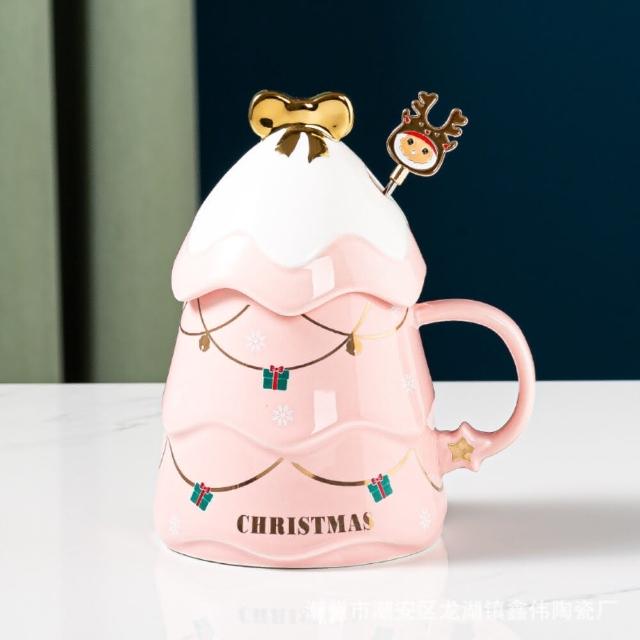 【TWBUY 台灣好購】聖誕樹陶瓷杯(交換禮物 聖誕樹馬克杯 附蓋子攪拌棒 聖誕咖啡杯 彩盒包裝)