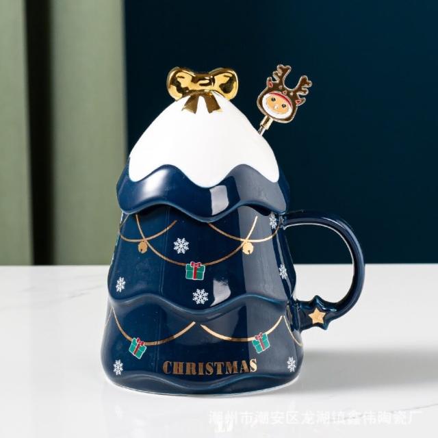 【TWBUY 台灣好購】聖誕樹陶瓷杯(交換禮物 聖誕樹馬克杯 附蓋子攪拌棒 聖誕咖啡杯 彩盒包裝)
