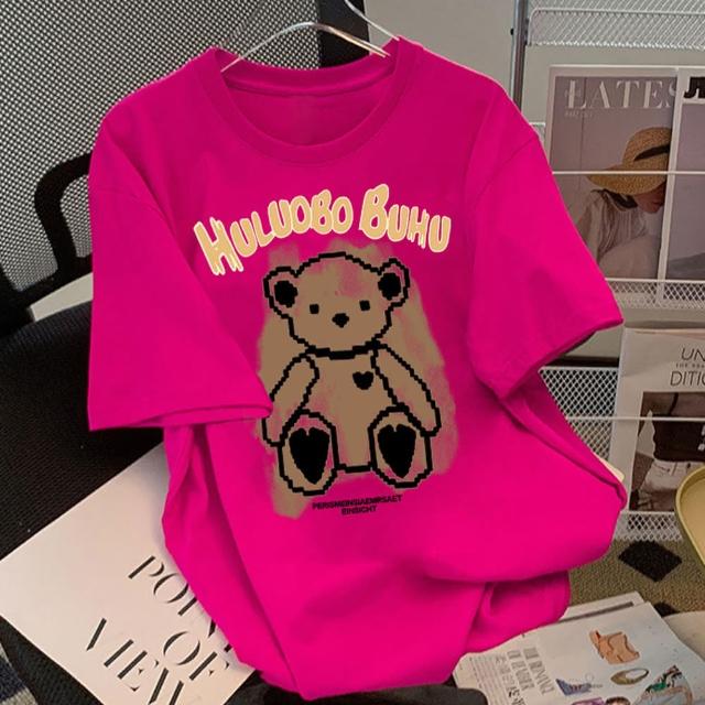 【初色】可愛卡通小熊印花圖案寬鬆中大尺碼圓領短袖T恤上衣女上衣-共10色-32849(M-2XL可選)