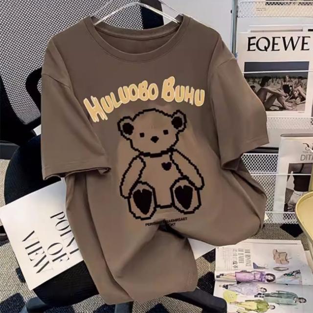 【初色】可愛卡通小熊印花圖案寬鬆中大尺碼圓領短袖T恤上衣女上衣-共10色-32849(M-2XL可選)