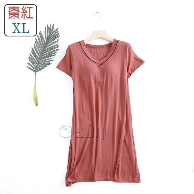 【Osun】莫代爾帶胸墊V領短袖大碼連衣裙睡衣居家休閒服(特惠價CE405V-)