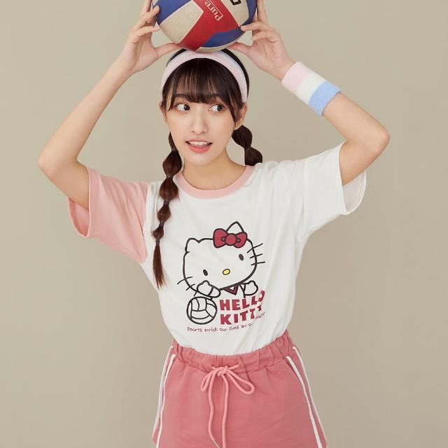 【OB 嚴選】KITTY運動會撞色袖拼接排球印花短TEE 《IK0034》