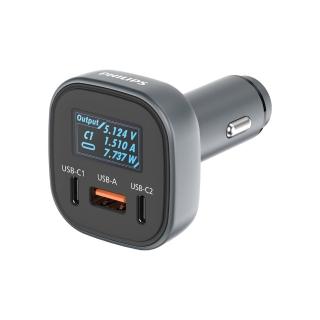 【Philips 飛利浦】黑金剛 PD 100W 快充Type-C+USB 3孔數位顯示車用充電器(DLP3540C)