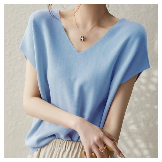 【ASister 小姊姊】AS0473#上衣☆*V領純色*春夏冰絲氣質蝙蝠袖顯瘦上衣/針織衫(17色 F)