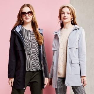 【MYVEGA 麥雪爾】MA防風刺繡檔片連帽長版風衣外套-共四色(風衣外套/連帽外套/長版外套)