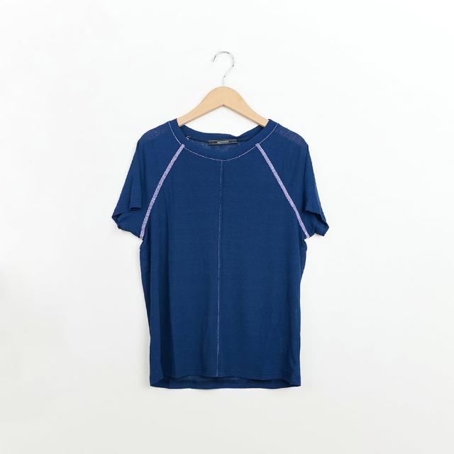 【MASTINA】配色爬線透膚拉克蘭短袖上衣(深藍 紫/魅力商品)