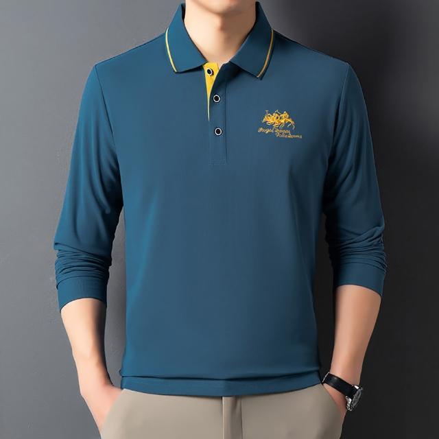 【Billgo】*現貨*撞色馬術長袖POLO衫-4色 M-4XL碼 馬球刺繡棉質男生長袖上衣 美式休閒T(百搭、紳士、經典)