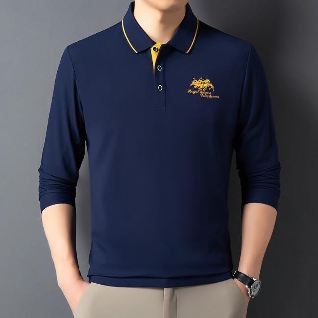 【Billgo】*現貨*撞色馬術長袖POLO衫-4色 M-4XL碼 馬球刺繡棉質男生長袖上衣 美式休閒T(百搭、紳士、經典)