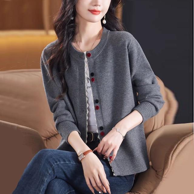 【初色】純色蕾絲寬鬆排釦針織開衫長袖外套女外套-共3色-37790(F可選)