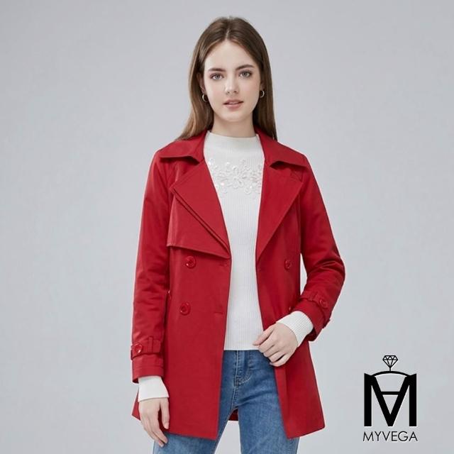 【MYVEGA 麥雪爾】MA小花收腰/斜剪接/翻領排釦綁帶風衣外套-多款任選(連帽外套/風外/新年紅色開運)