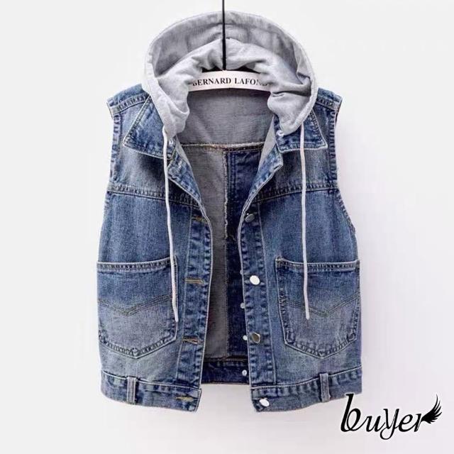 【buyer 白鵝】可拆帽 刷色口袋牛仔背心(藍色)