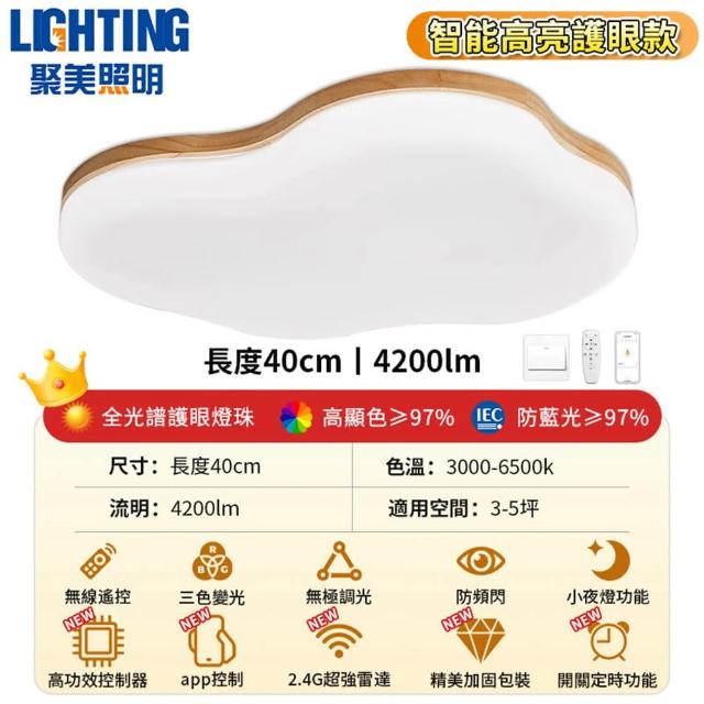【聚美照明】吸頂燈 木紋 app三色無極調光 40CM 4200lm 智能高亮護眼款(臥室兒童燈/客廳燈/防藍光護眼燈)