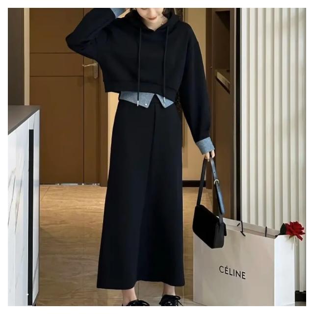 【ASister 小姊姊】AS0842#中大尺碼洋裝/套裝☆*拼接牛仔*連帽抽繩外套+半身裙裙裝(2色 M-5XL)